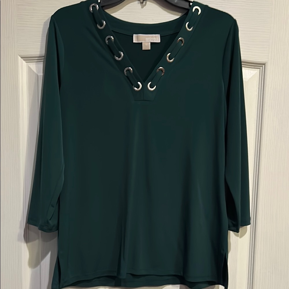 Michael Kors Dark Green Grommet V-Neck Blouse